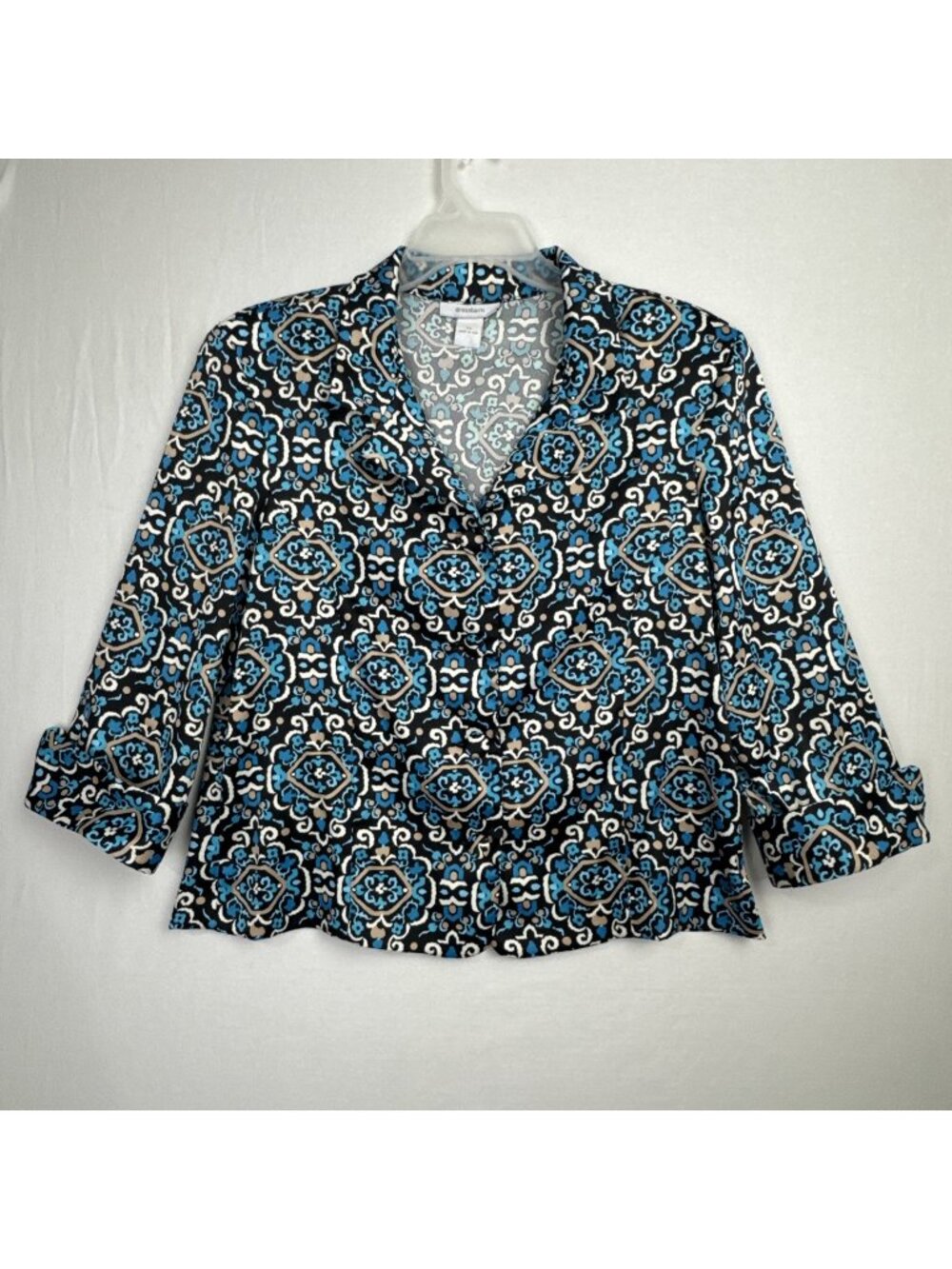 Dressbarn Blue Black Tan Blazer Women's XL medallion boho Moroccan tile print